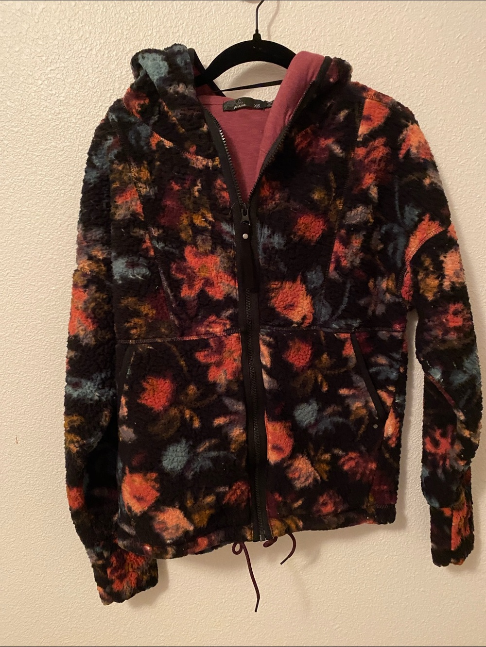 Prana Floral Sherpa Zip Hoodie Jacket - Black with Multi Floral